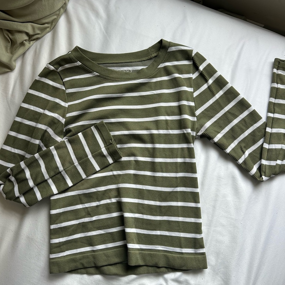 eye candy Olive & White Striped Ribbed Long Sleeve Top
